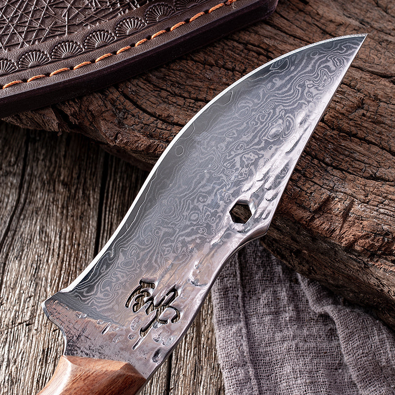 Damascus Steel Knife With Leather