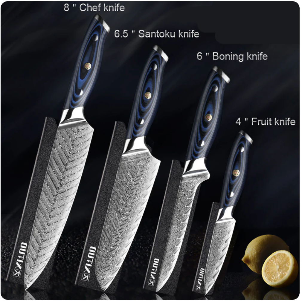 A four-piece Damascus knife set featuring a chef's knife, santoku knife, paring knife, and boning knife. The knives have beautifully patterned Damascus steel blades and ergonomic handles.