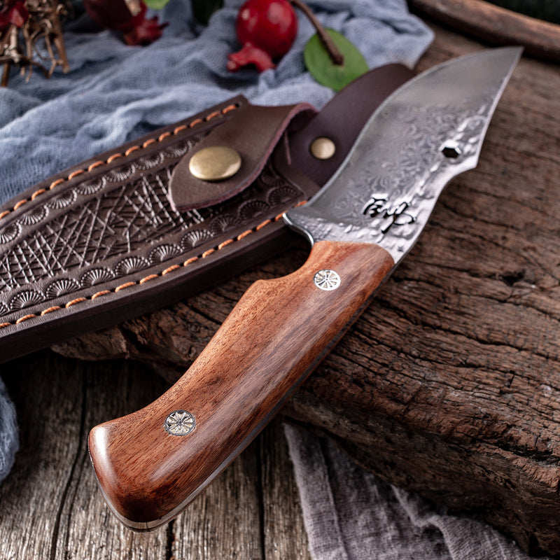 Damascus Steel Knife With Leather Sheath Hand Put Cattle And Sheep Cutting Meat Fruit Knife Outdoor Portable
