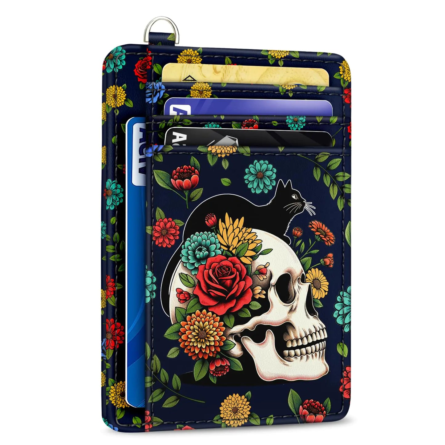 Cat Skull Credit Card Holder Slim Wallet, Floral Goth RFID Wallet Women Front Pocket Small Card Holder, Funny Skeleton Travel Card Case ID Window PU Leather RFID Blocking Card Organizer Gift