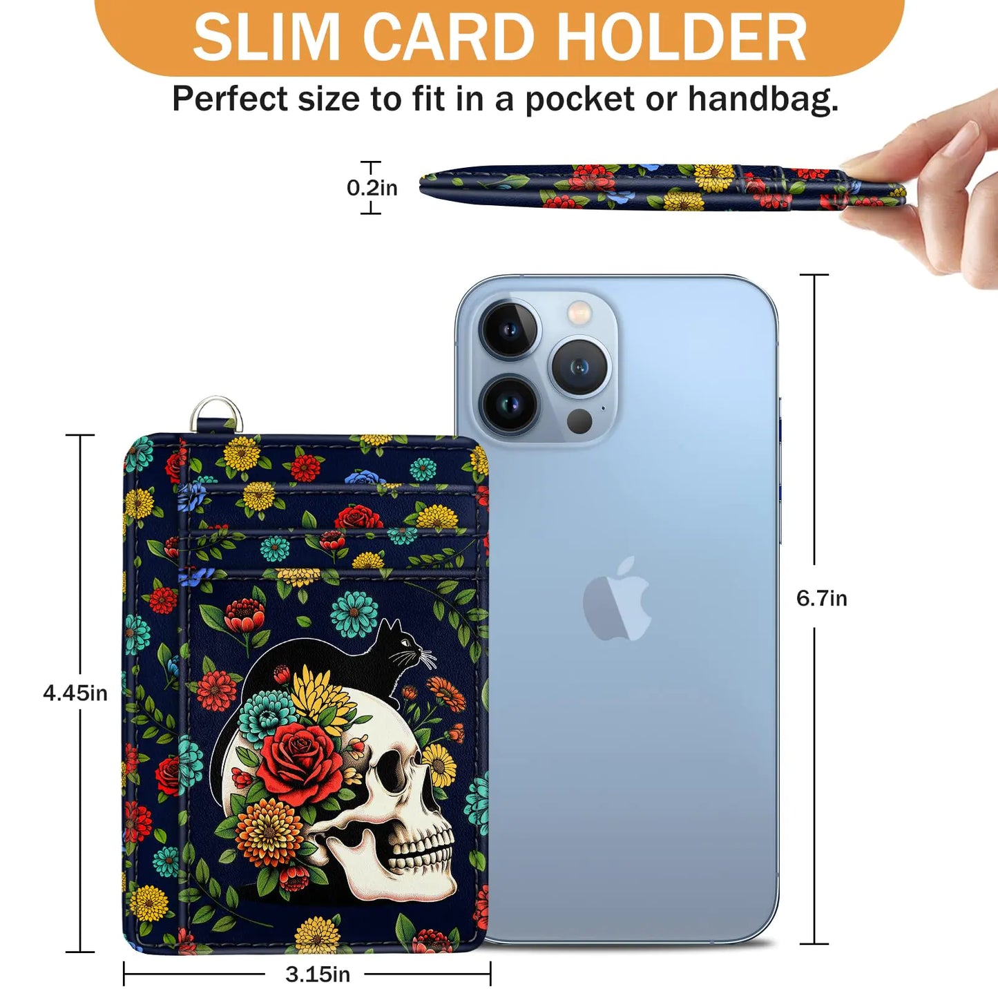 Cat Skull Credit Card Holder Slim Wallet, Floral Goth RFID Wallet Women Front Pocket Small Card Holder, Funny Skeleton Travel Card Case ID Window PU Leather RFID Blocking Card Organizer Gift