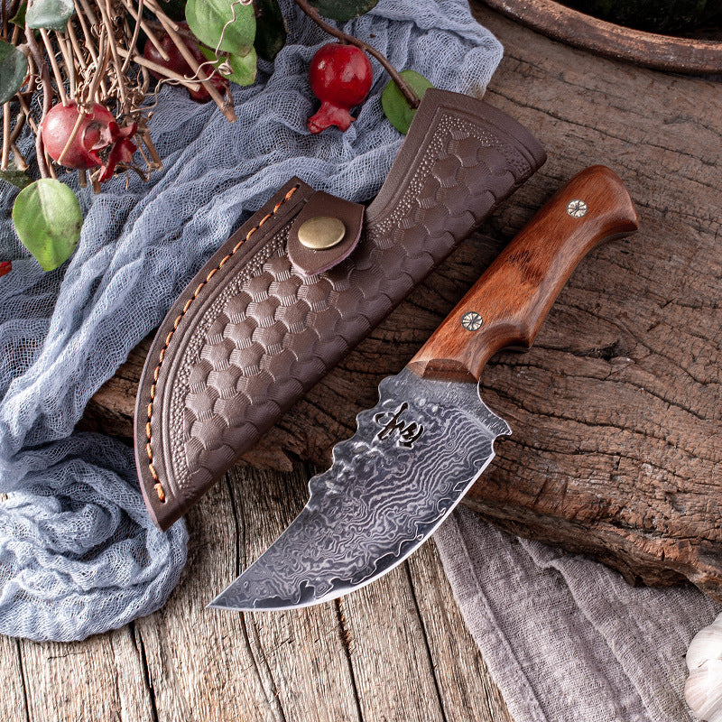 Damascus Steel Knife With Leather Sheath Hand Put Cattle And Sheep Cutting Meat Fruit Knife Outdoor Portable