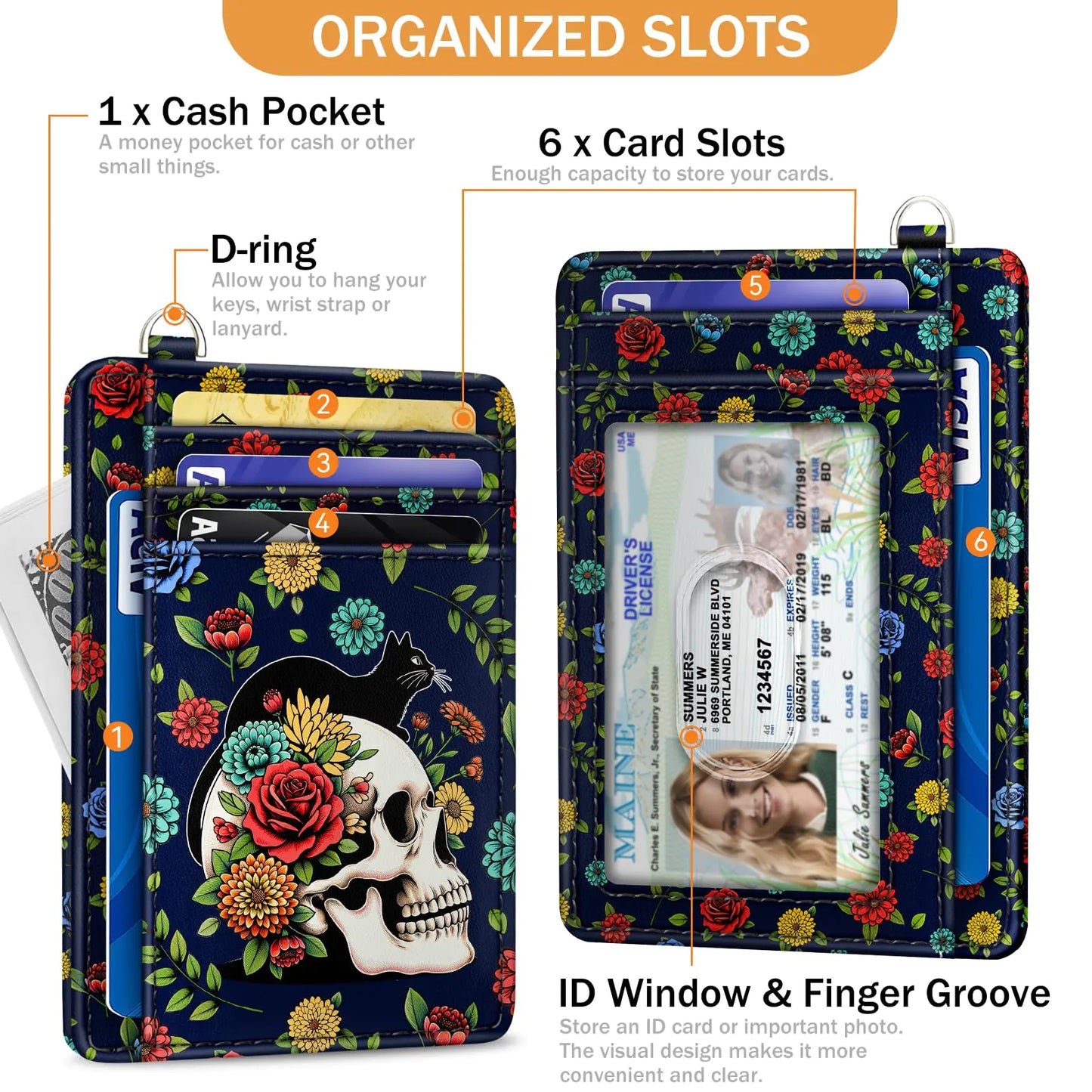 Cat Skull Credit Card Holder Slim Wallet, Floral Goth RFID Wallet Women Front Pocket Small Card Holder, Funny Skeleton Travel Card Case ID Window PU Leather RFID Blocking Card Organizer Gift